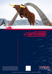 Stierstatue steht vor verschneiten Bergen mit großem Ringhintergrund. Auf dem Bild steht: 